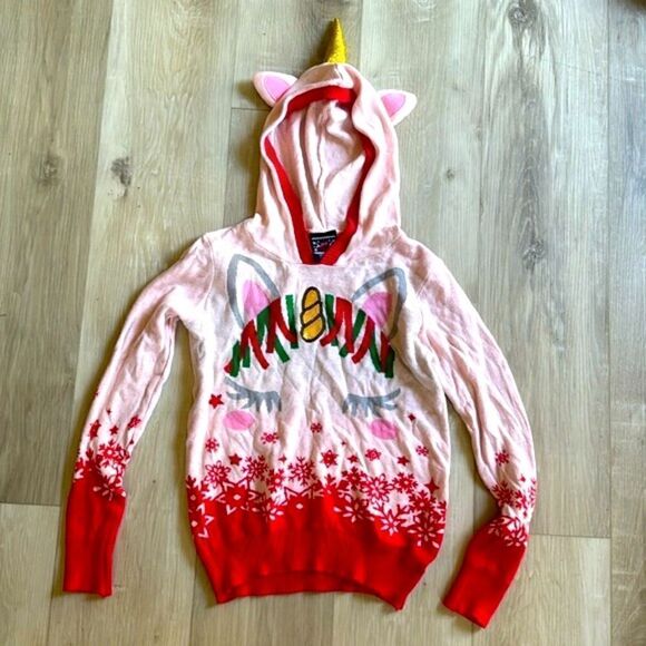 Hooded Holiday Sweater Girls Unicorn Christmas Top Large 10/12 - Picture 1 of 5